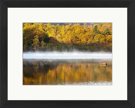 A photograph taken early morning showing the sunrise over Rydal Water in the Lake District with mist on the top of the water. Shown in a black frame with a white mount.